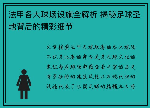 法甲各大球场设施全解析 揭秘足球圣地背后的精彩细节