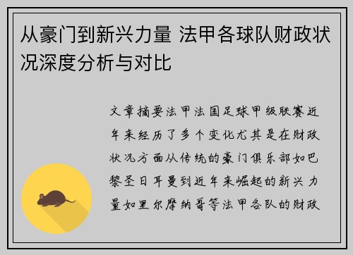 从豪门到新兴力量 法甲各球队财政状况深度分析与对比