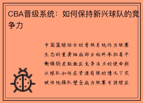 CBA晋级系统：如何保持新兴球队的竞争力